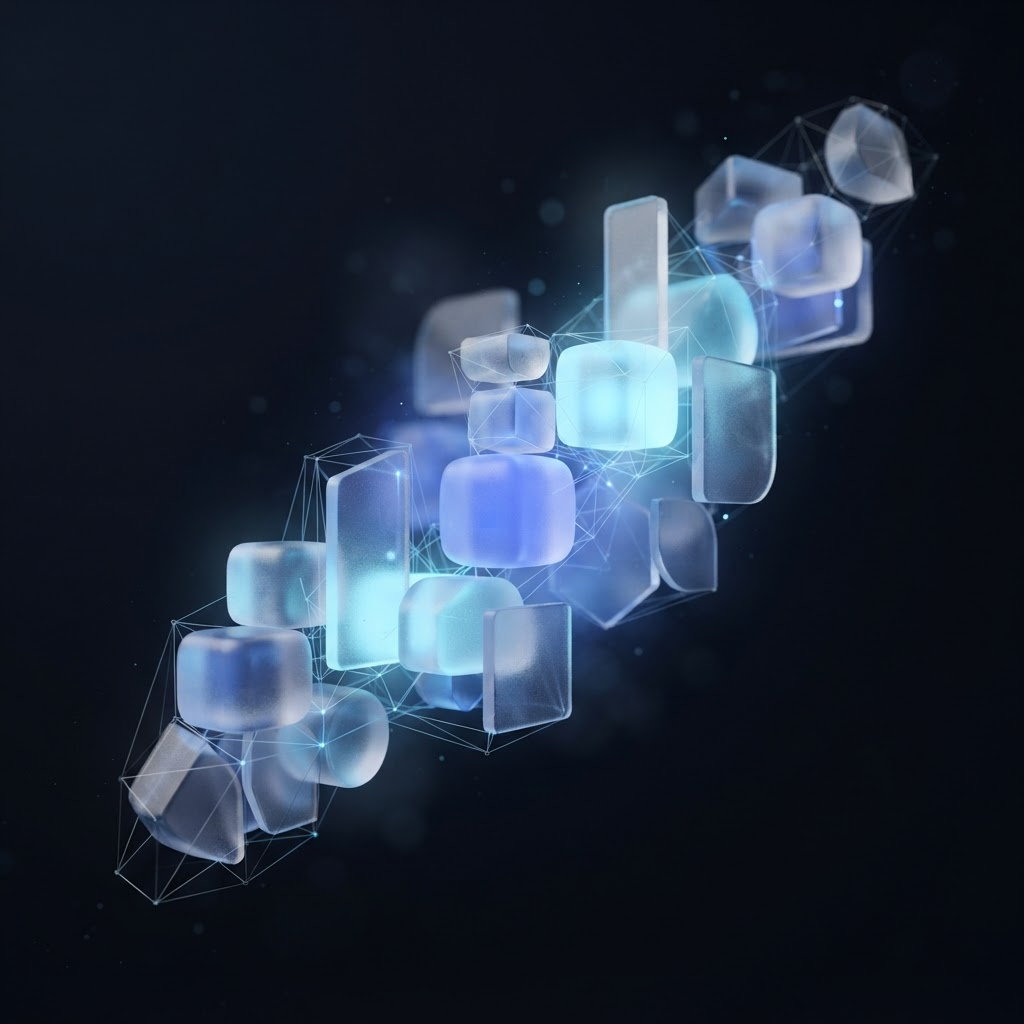 Abstract composition of floating glass modules connected by fine wireframe geometry — the visual signature of Studio 06-09